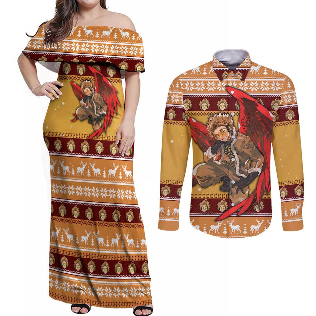 Hawks - My Hero Academia Couples Matching Off Shoulder Maxi Dress and Long Sleeve Button Shirt Anime Mix Christmas Style
