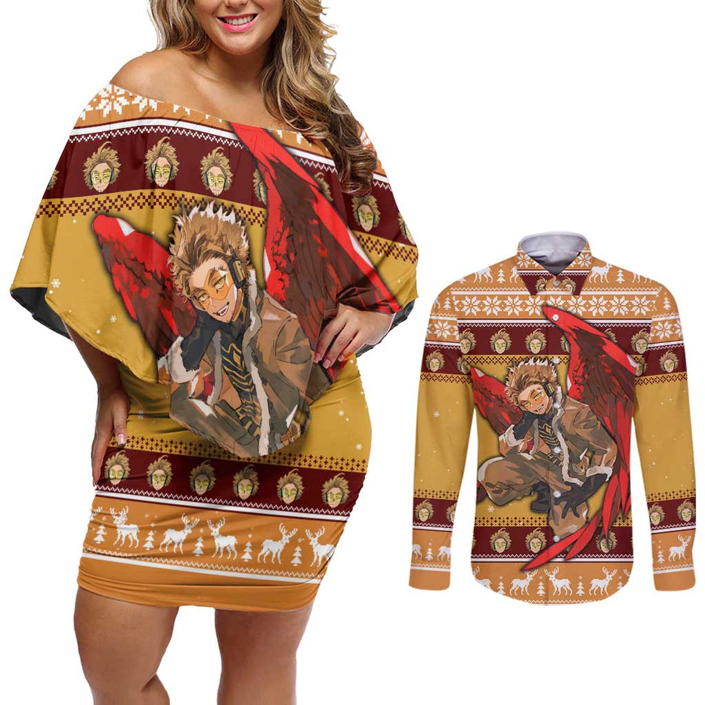 Hawks - My Hero Academia Couples Matching Off Shoulder Short Dress and Long Sleeve Button Shirt Anime Mix Christmas Style