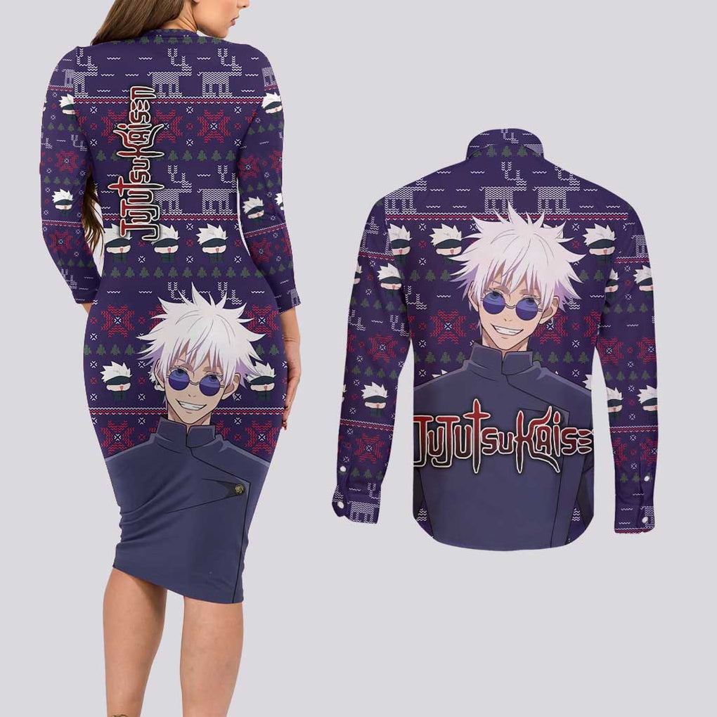 Gojo Satoru Ugly Christmas - Jujutsu Kaisen Couples Matching Long Sleeve Bodycon Dress and Long Sleeve Button Shirt Anime Mix Christmas Style