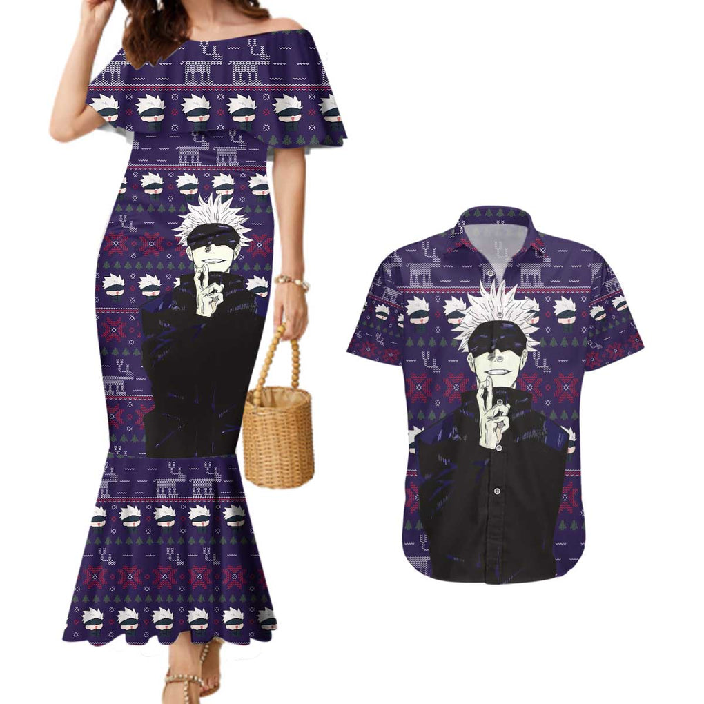 Gojo Satoru Ugly Christmas - Jujutsu Kaisen Couples Matching Mermaid Dress and Hawaiian Shirt Anime Mix Christmas Style