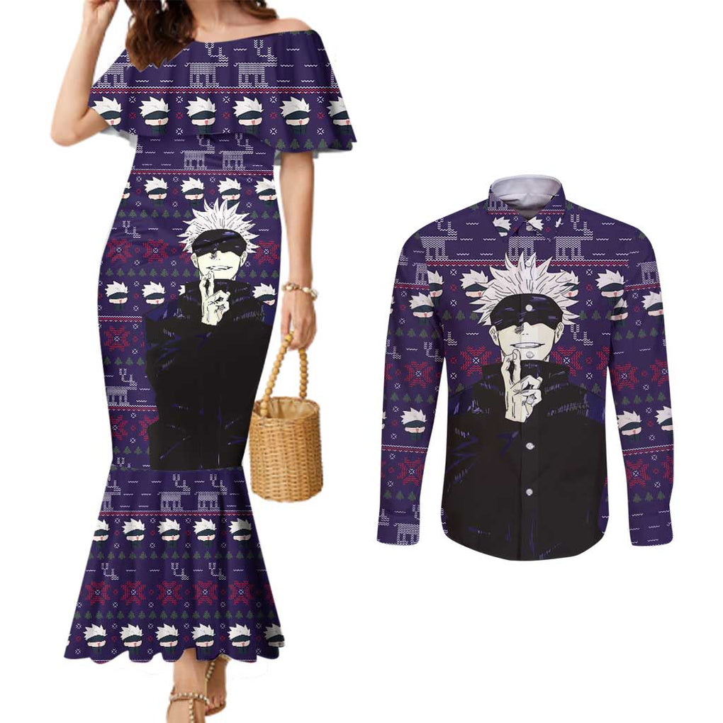 Gojo Satoru Ugly Christmas - Jujutsu Kaisen Couples Matching Mermaid Dress and Long Sleeve Button Shirt Anime Mix Christmas Style