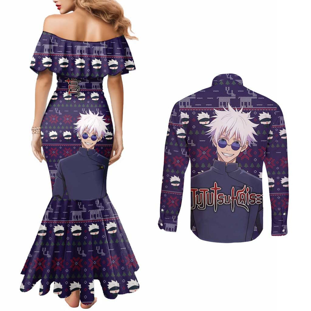 Gojo Satoru Ugly Christmas - Jujutsu Kaisen Couples Matching Mermaid Dress and Long Sleeve Button Shirt Anime Mix Christmas Style