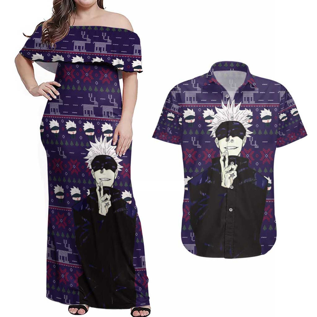 Gojo Satoru Ugly Christmas - Jujutsu Kaisen Couples Matching Off Shoulder Maxi Dress and Hawaiian Shirt Anime Mix Christmas Style
