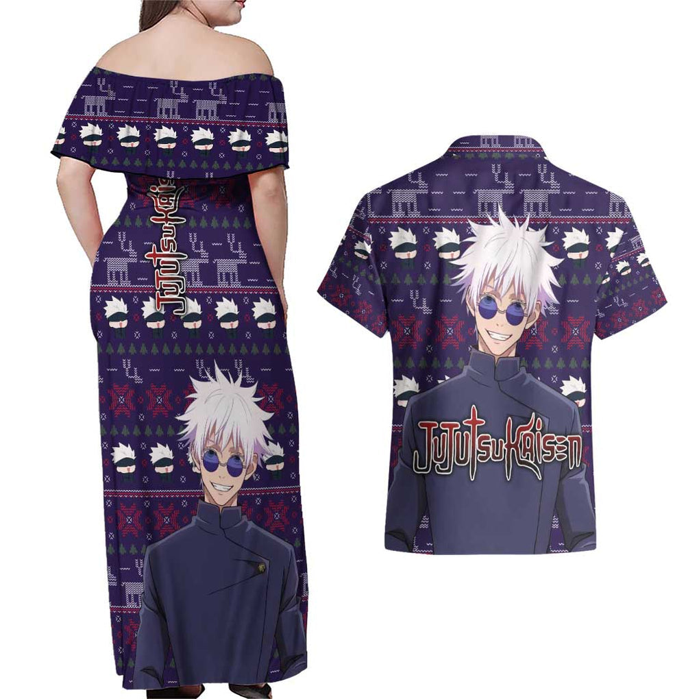 Gojo Satoru Ugly Christmas - Jujutsu Kaisen Couples Matching Off Shoulder Maxi Dress and Hawaiian Shirt Anime Mix Christmas Style