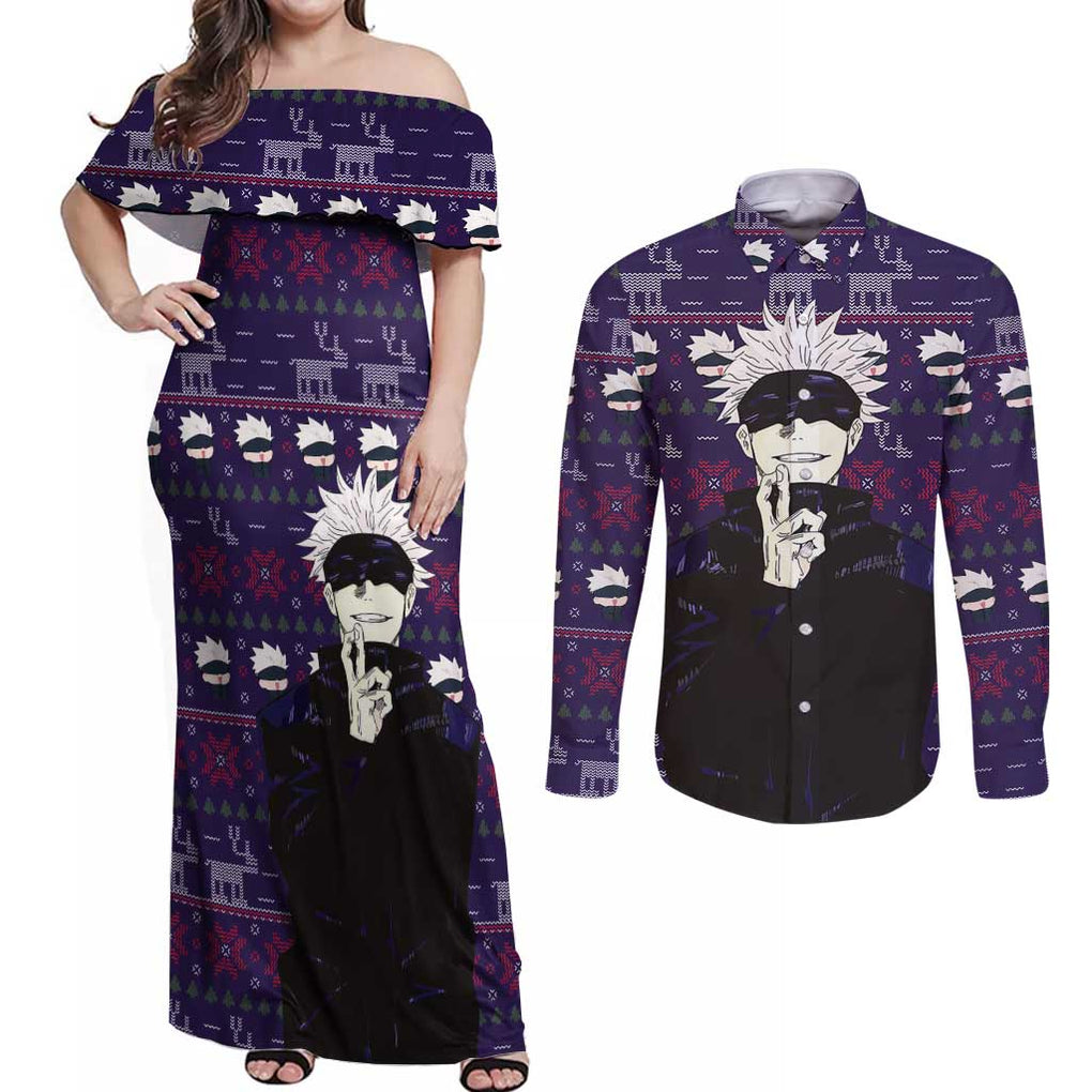 Gojo Satoru Ugly Christmas - Jujutsu Kaisen Couples Matching Off Shoulder Maxi Dress and Long Sleeve Button Shirt Anime Mix Christmas Style