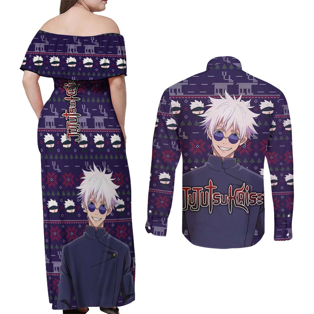 Gojo Satoru Ugly Christmas - Jujutsu Kaisen Couples Matching Off Shoulder Maxi Dress and Long Sleeve Button Shirt Anime Mix Christmas Style
