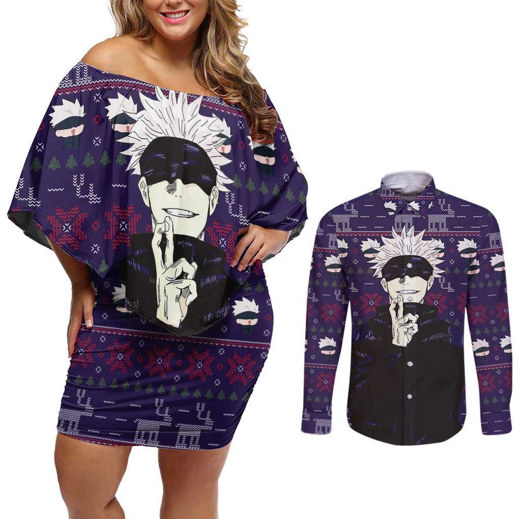 Gojo Satoru Ugly Christmas - Jujutsu Kaisen Couples Matching Off Shoulder Short Dress and Long Sleeve Button Shirt Anime Mix Christmas Style