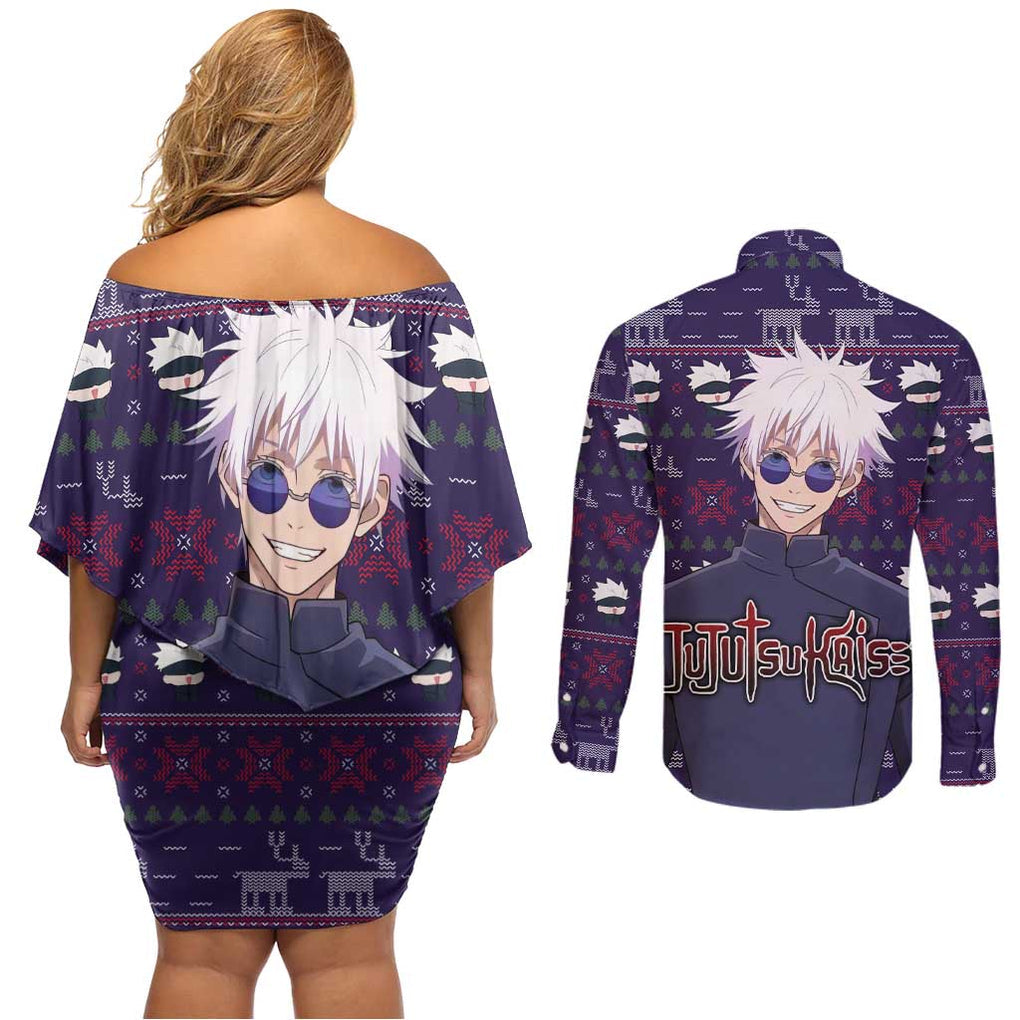 Gojo Satoru Ugly Christmas - Jujutsu Kaisen Couples Matching Off Shoulder Short Dress and Long Sleeve Button Shirt Anime Mix Christmas Style