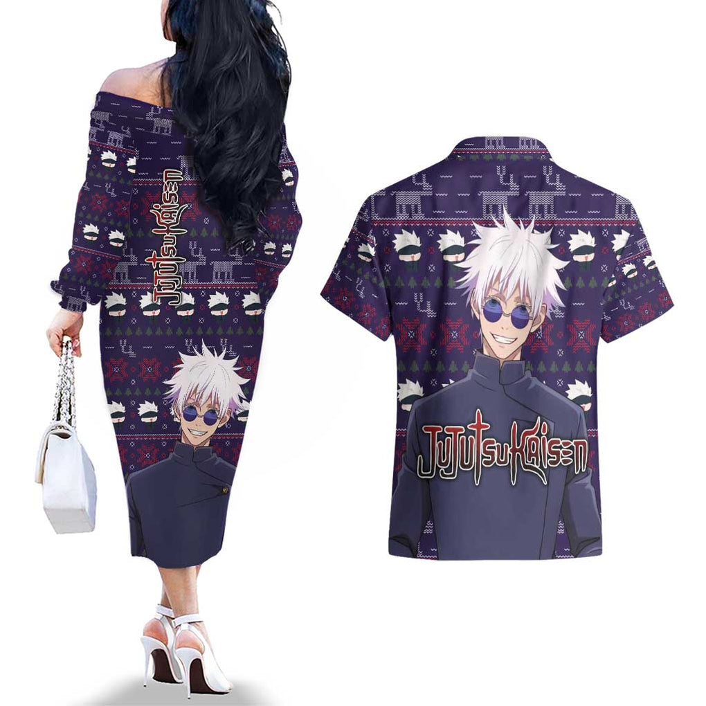 Gojo Satoru Ugly Christmas - Jujutsu Kaisen Couples Matching Off The Shoulder Long Sleeve Dress and Hawaiian Shirt Anime Mix Christmas Style