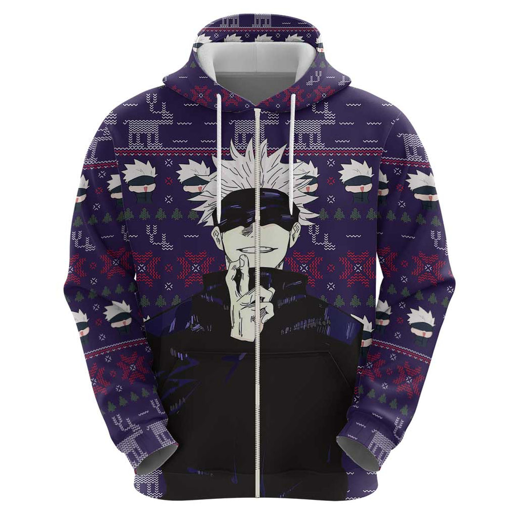 Gojo Satoru Ugly Christmas - Jujutsu Kaisen Zip Hoodie Anime Mix Christmas Style
