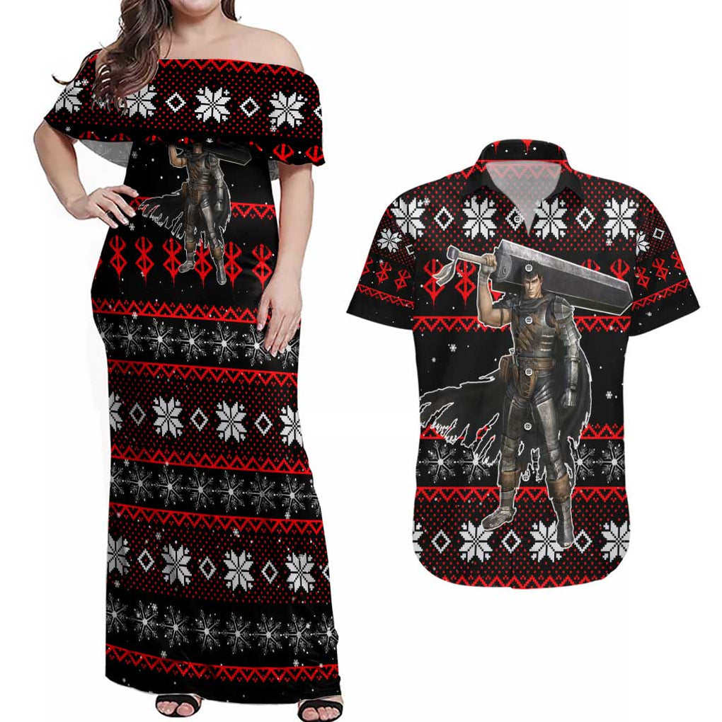 Guts - Berserk Couples Matching Off Shoulder Maxi Dress and Hawaiian Shirt Anime Mix Christmas Style