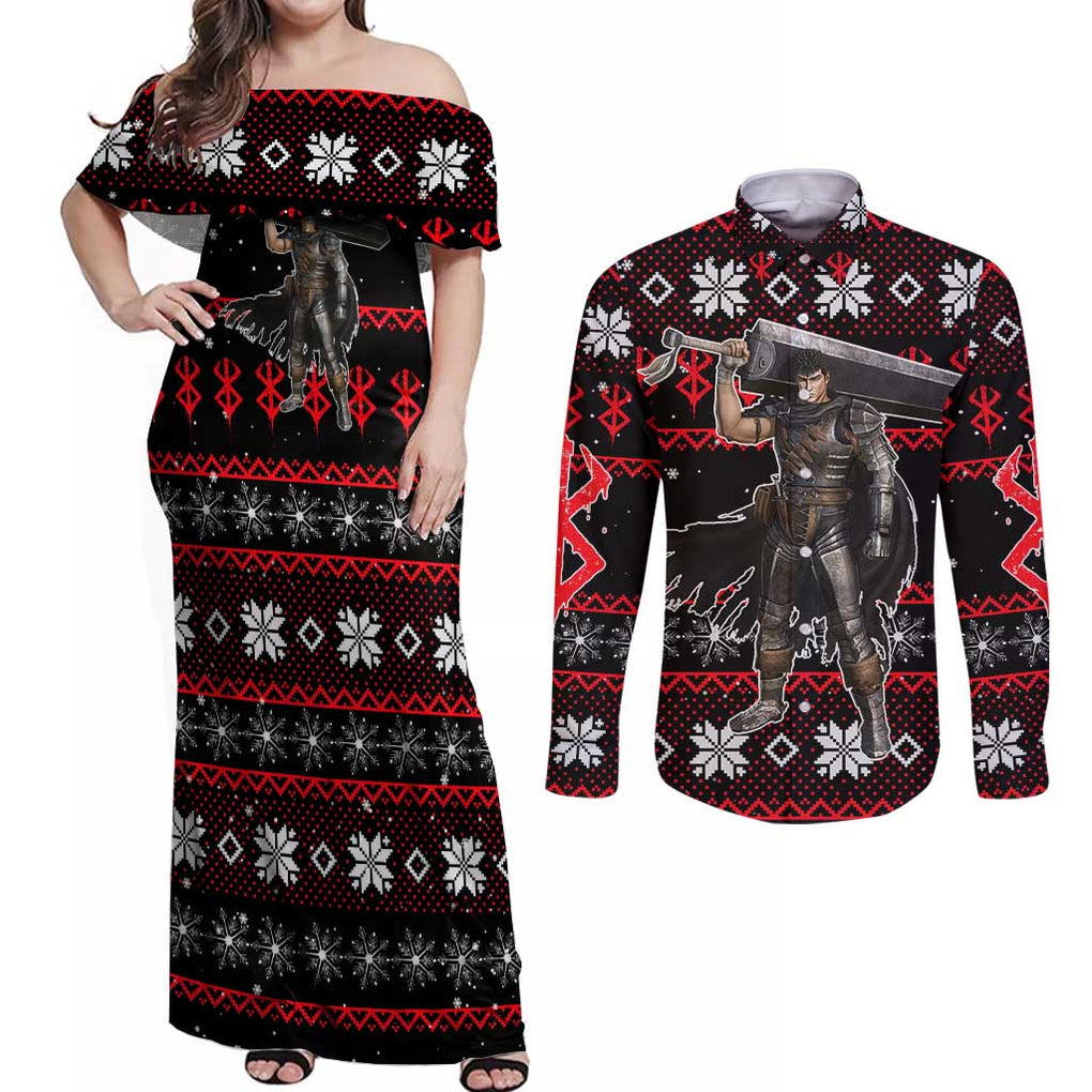 Guts - Berserk Couples Matching Off Shoulder Maxi Dress and Long Sleeve Button Shirt Anime Mix Christmas Style