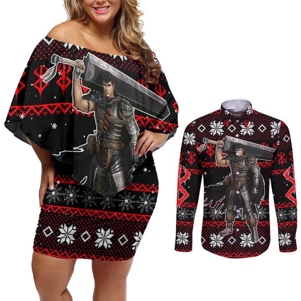 Guts - Berserk Couples Matching Off Shoulder Short Dress and Long Sleeve Button Shirt Anime Mix Christmas Style