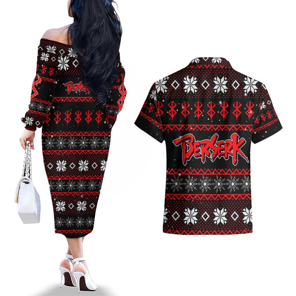 Guts - Berserk Couples Matching Off The Shoulder Long Sleeve Dress and Hawaiian Shirt Anime Mix Christmas Style