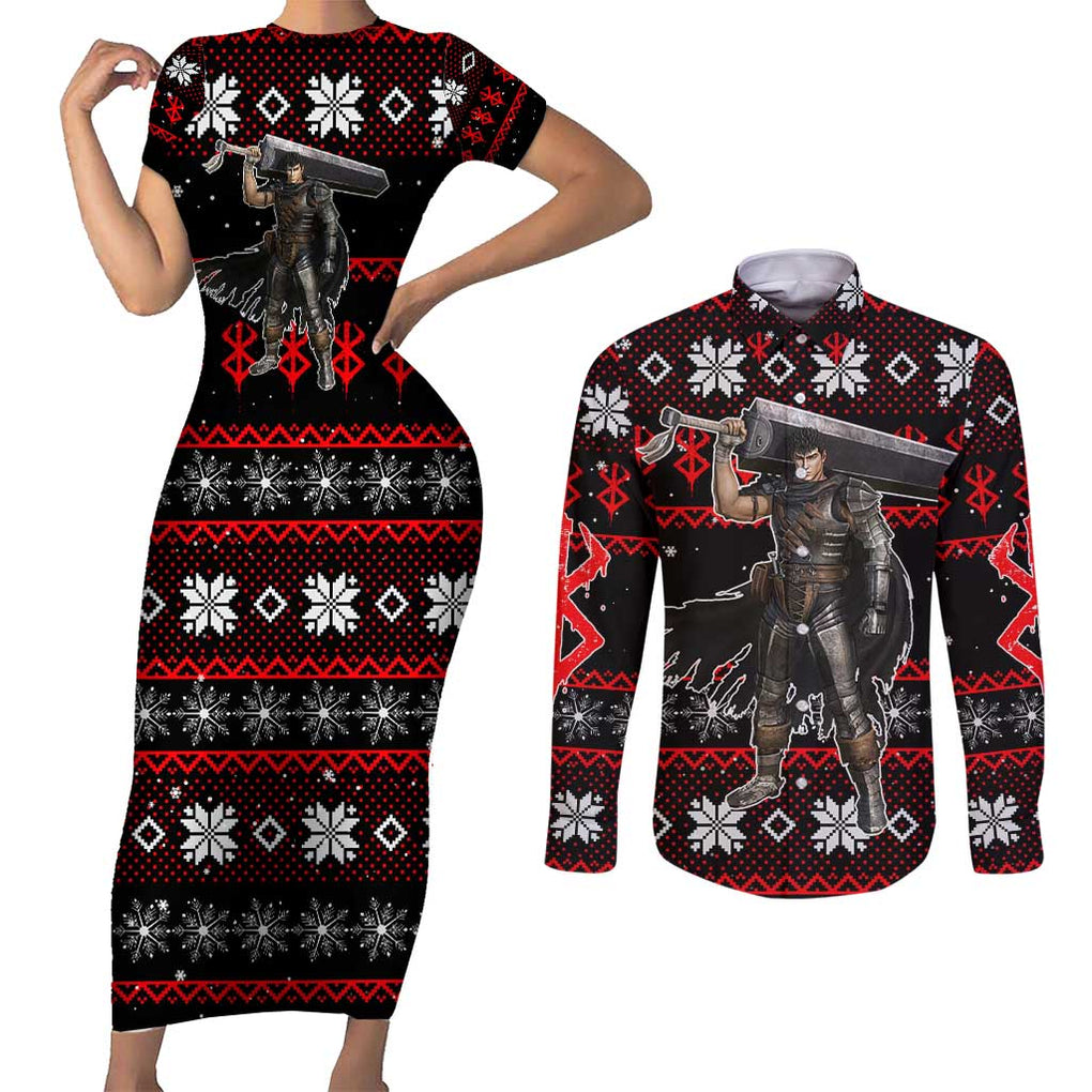 Guts - Berserk Couples Matching Short Sleeve Bodycon Dress and Long Sleeve Button Shirt Anime Mix Christmas Style