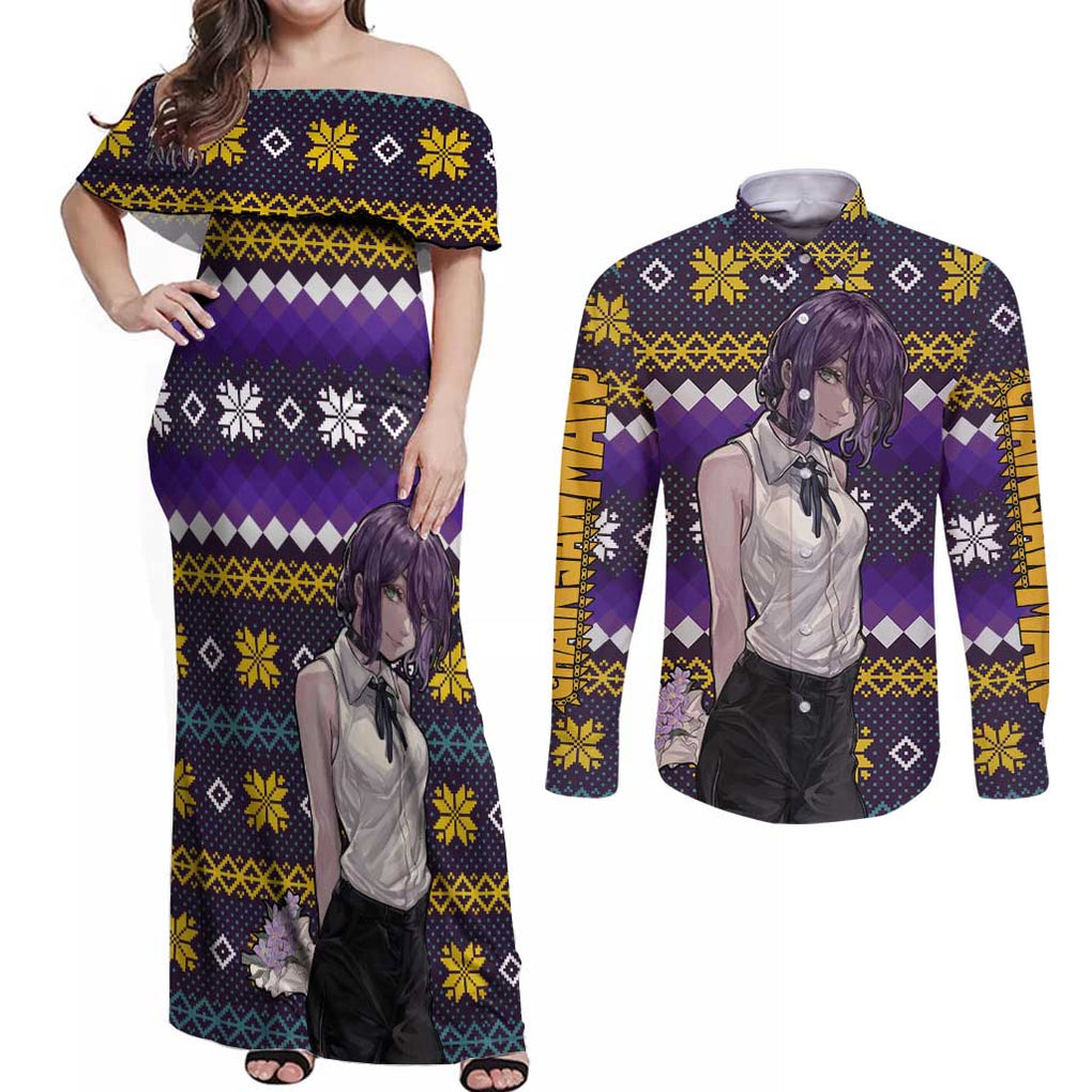 Zere - Chainsaw Man Couples Matching Off Shoulder Maxi Dress and Long Sleeve Button Shirt Anime Mix Christmas Style