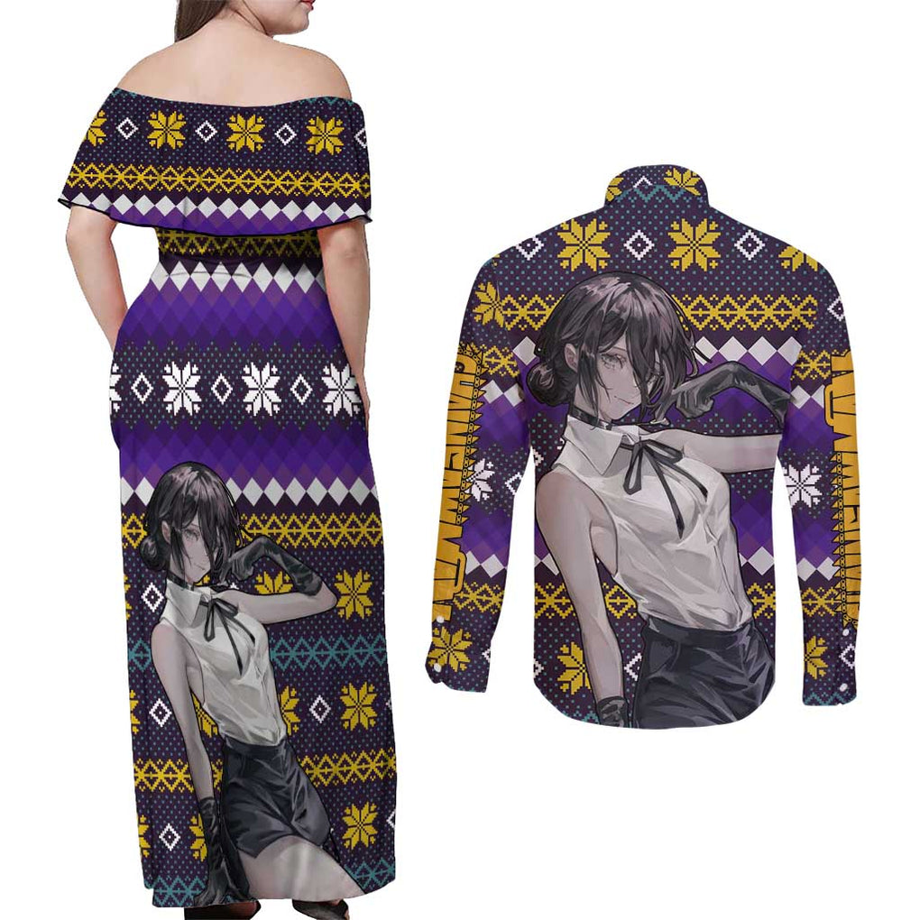 Zere - Chainsaw Man Couples Matching Off Shoulder Maxi Dress and Long Sleeve Button Shirt Anime Mix Christmas Style