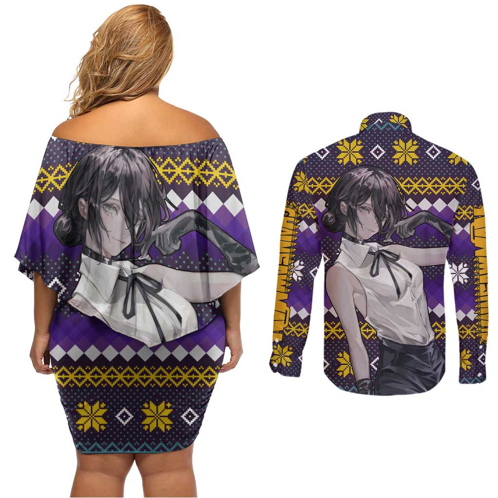 Zere - Chainsaw Man Couples Matching Off Shoulder Short Dress and Long Sleeve Button Shirt Anime Mix Christmas Style