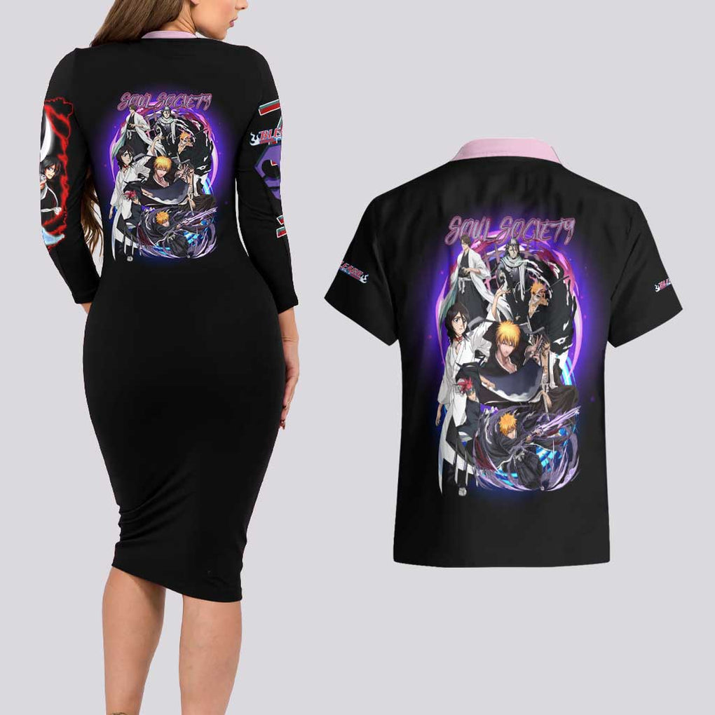 Soul Society Rescue Arc Bleach Couples Matching Long Sleeve Bodycon Dress and Hawaiian Shirt Japan Anime Style