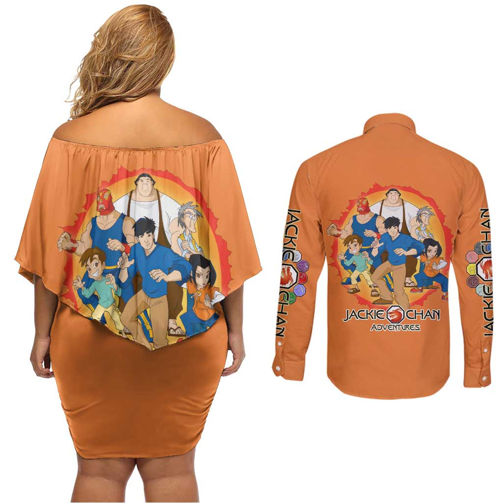 Jackie Chan Adventure Couples Matching Off Shoulder Short Dress and Long Sleeve Button Shirt Japan Anime Style