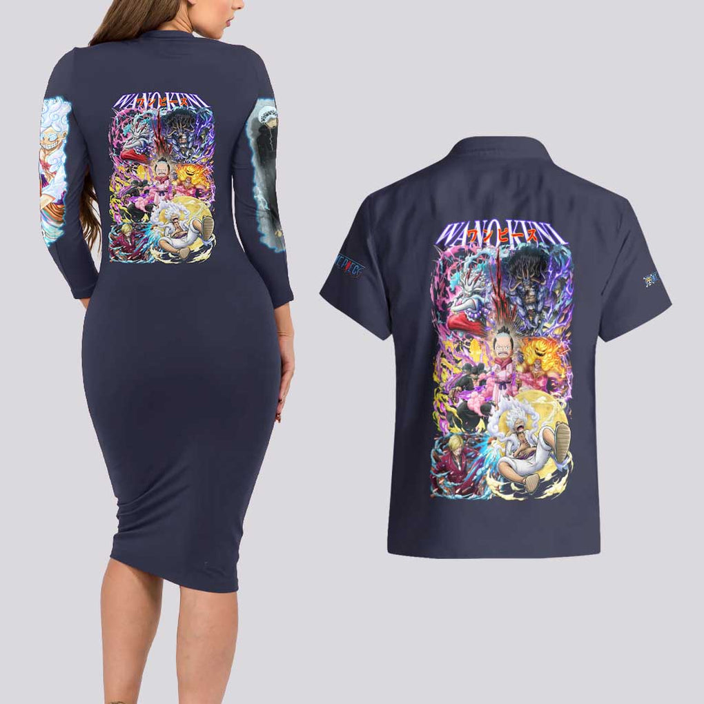 Wano Kuni One Piece Couples Matching Long Sleeve Bodycon Dress and Hawaiian Shirt Japan Anime Style