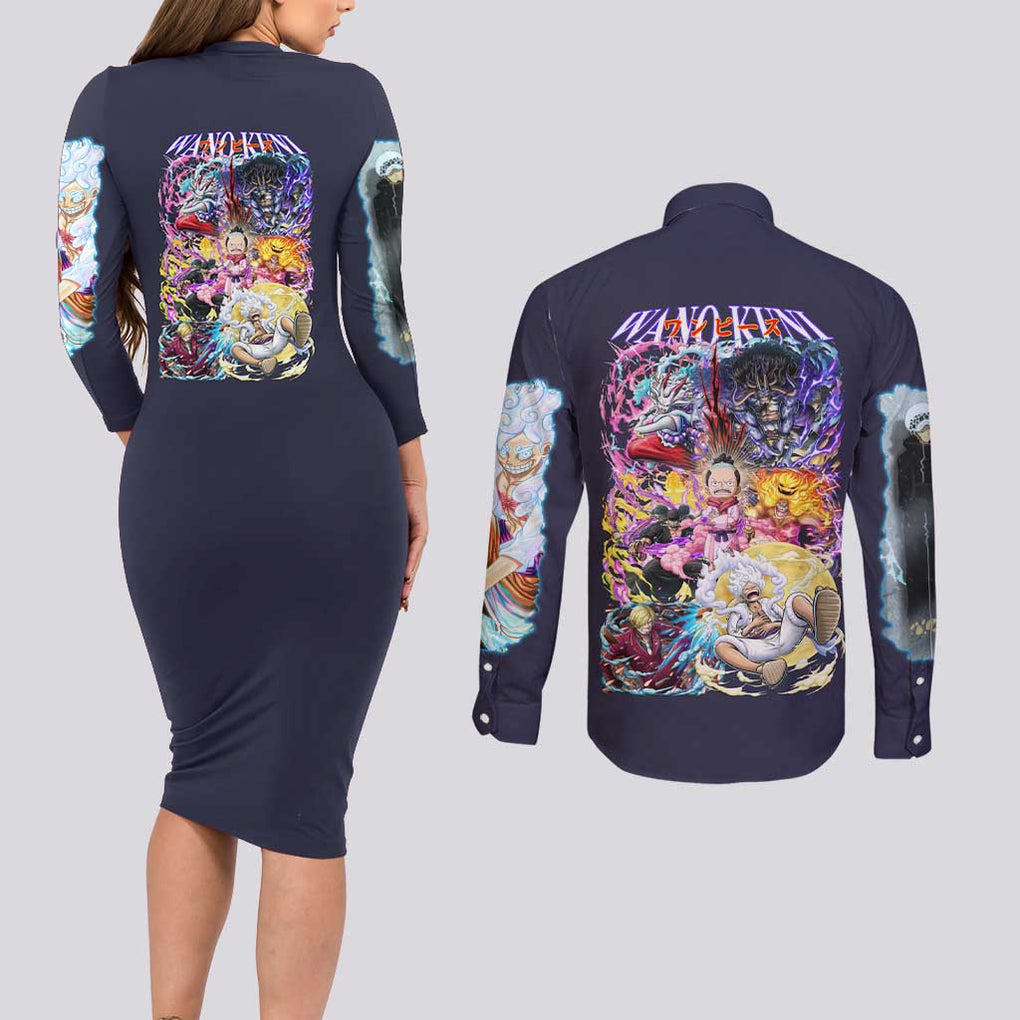 Wano Kuni One Piece Couples Matching Long Sleeve Bodycon Dress and Long Sleeve Button Shirt Japan Anime Style