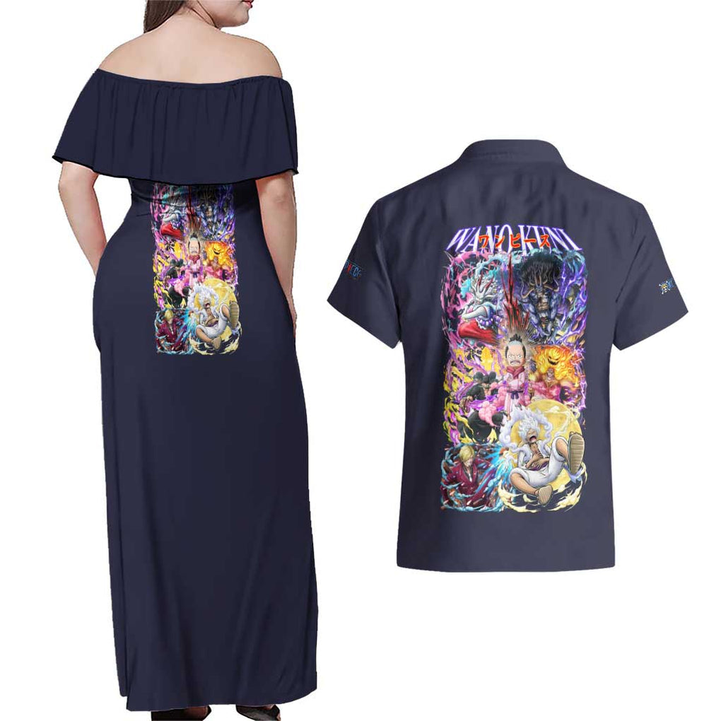 Wano Kuni One Piece Couples Matching Off Shoulder Maxi Dress and Hawaiian Shirt Japan Anime Style