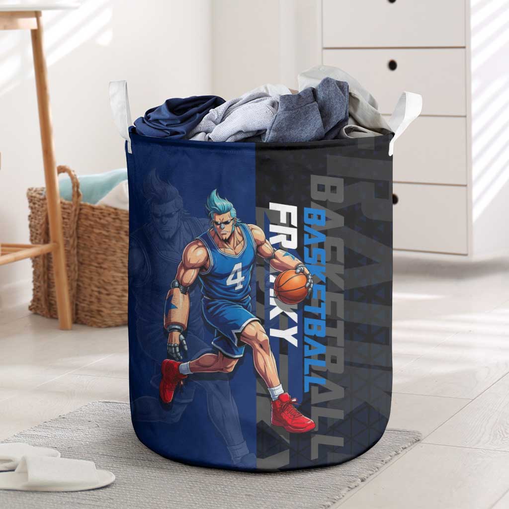 Franky One Piece Basketball Crossover Design Laundry Basket with Blue Uniform and Mechanical Arm Action Pose - The Mazicc