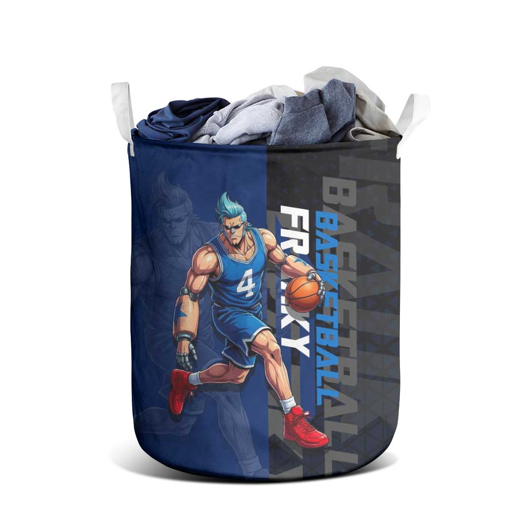 Franky One Piece Basketball Crossover Design Laundry Basket with Blue Uniform and Mechanical Arm Action Pose - The Mazicc