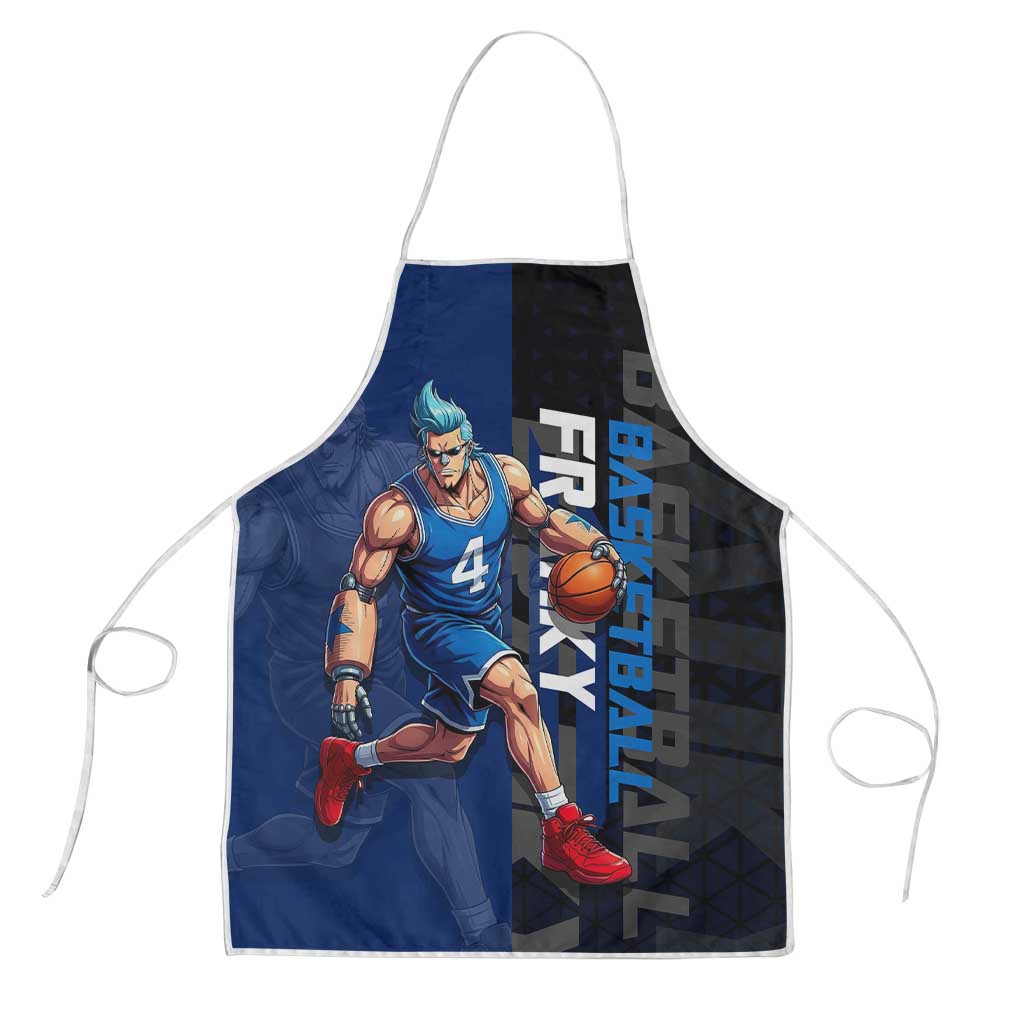 Franky One Piece Basketball Crossover Design Apron with Blue Uniform and Mechanical Arm Action Pose - The Mazicc