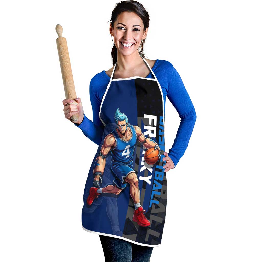 Franky One Piece Basketball Crossover Design Apron with Blue Uniform and Mechanical Arm Action Pose - The Mazicc