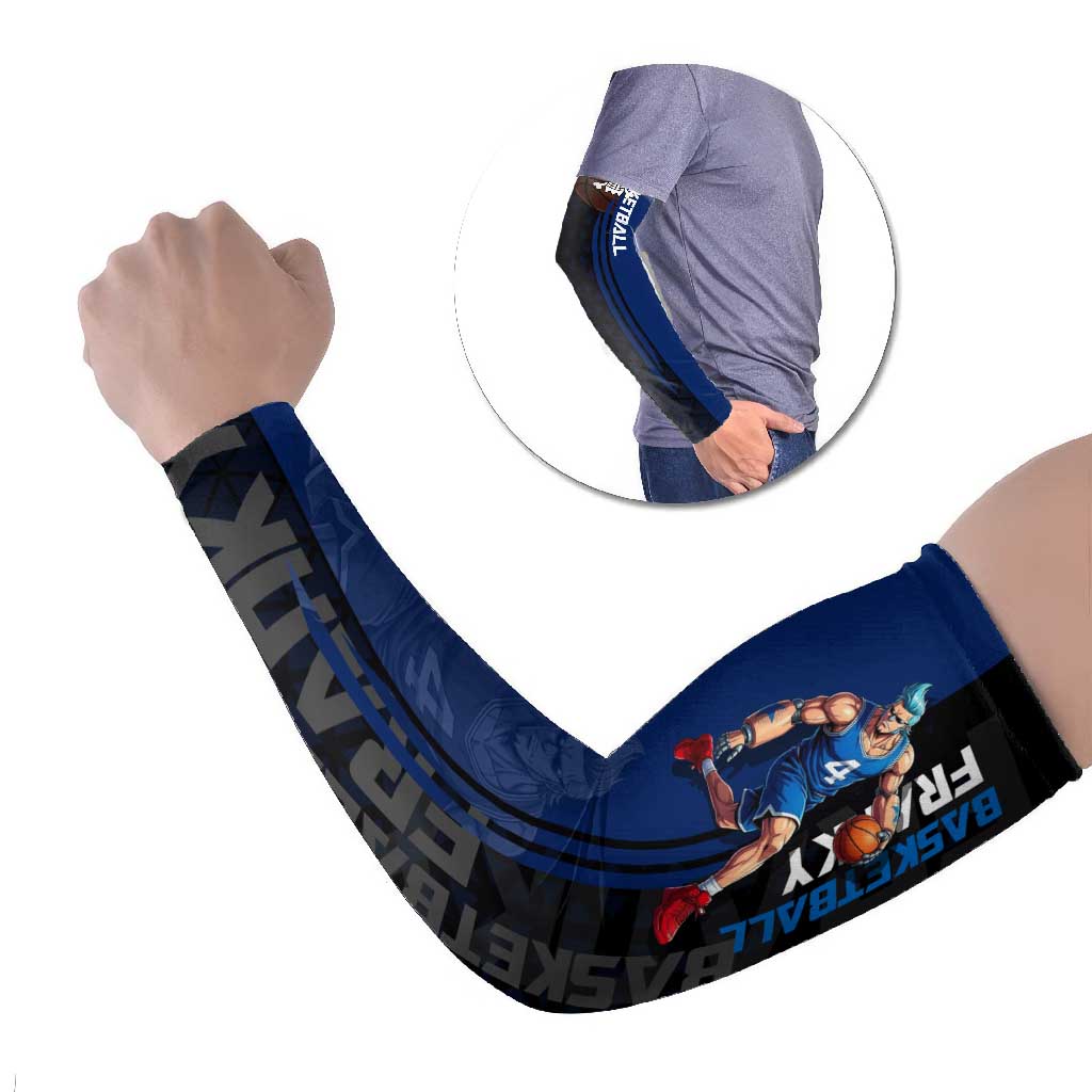 Franky One Piece Basketball Crossover Design Arm Sleeves with Blue Uniform and Mechanical Arm Action Pose - The Mazicc