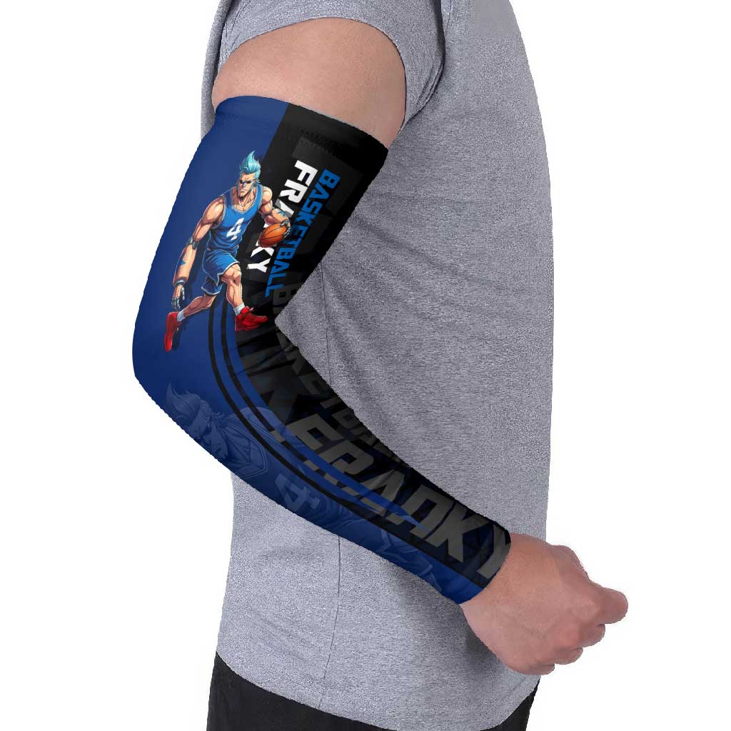 Franky One Piece Basketball Crossover Design Arm Sleeves with Blue Uniform and Mechanical Arm Action Pose - The Mazicc