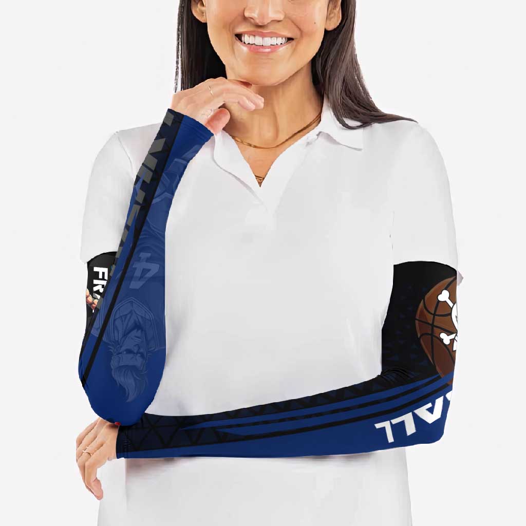 Franky One Piece Basketball Crossover Design Arm Sleeves with Blue Uniform and Mechanical Arm Action Pose - The Mazicc