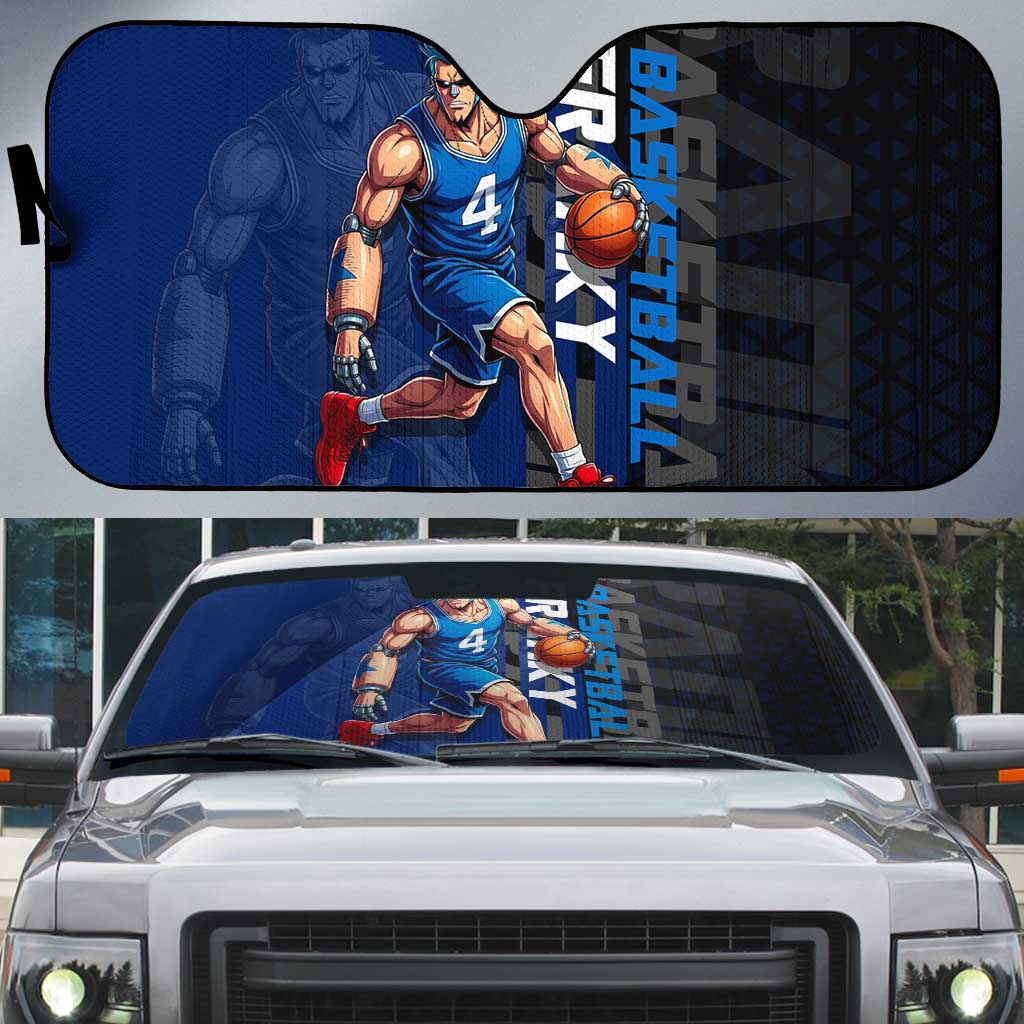 Franky One Piece Basketball Crossover Design Auto Sun Shade with Blue Uniform and Mechanical Arm Action Pose - The Mazicc