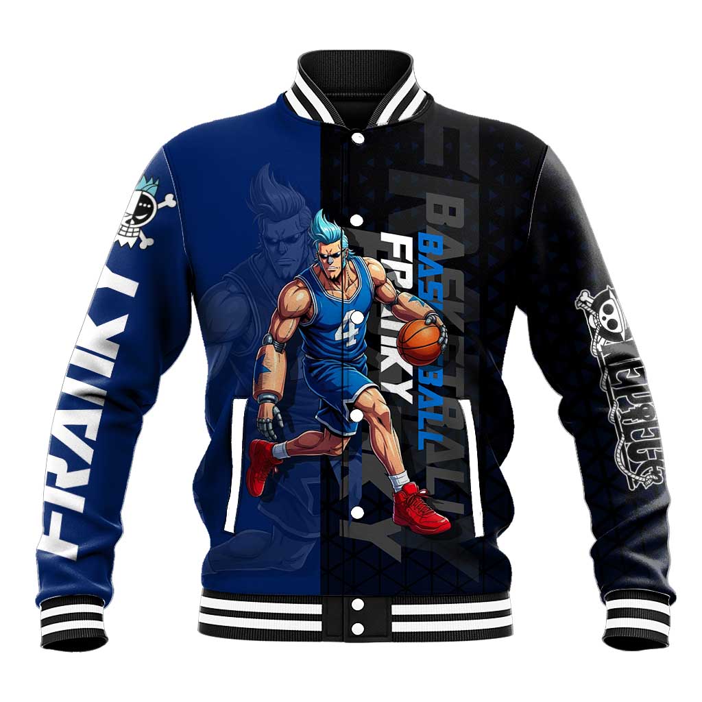Franky One Piece Basketball Crossover Design Baseball Jacket with Blue Uniform and Mechanical Arm Action Pose - The Mazicc