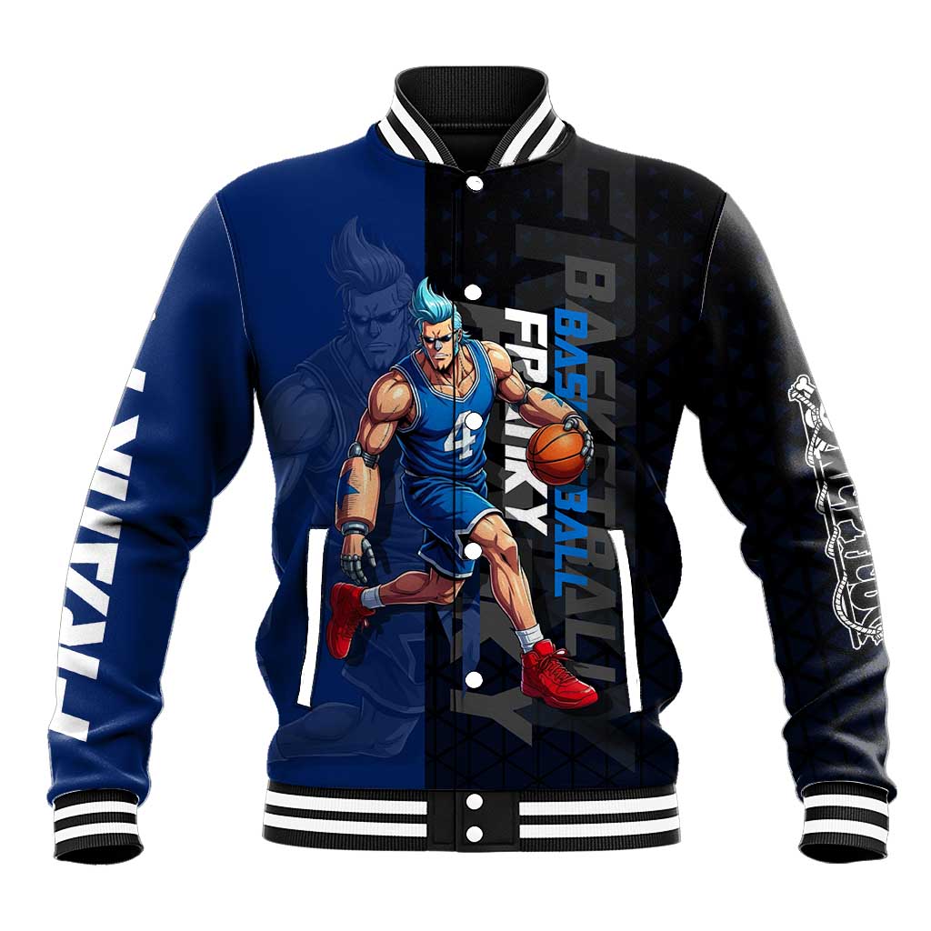 Franky One Piece Basketball Crossover Design Baseball Jacket with Blue Uniform and Mechanical Arm Action Pose - The Mazicc