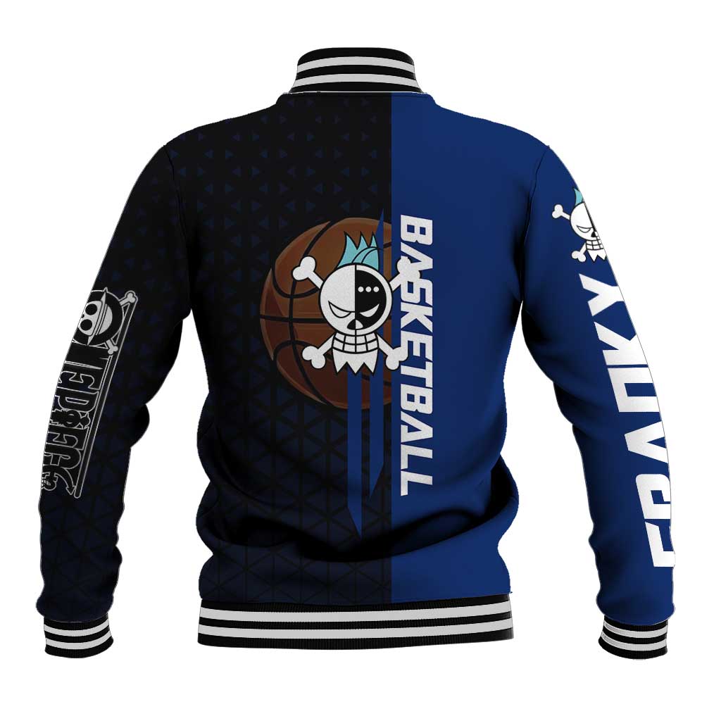 Franky One Piece Basketball Crossover Design Baseball Jacket with Blue Uniform and Mechanical Arm Action Pose - The Mazicc