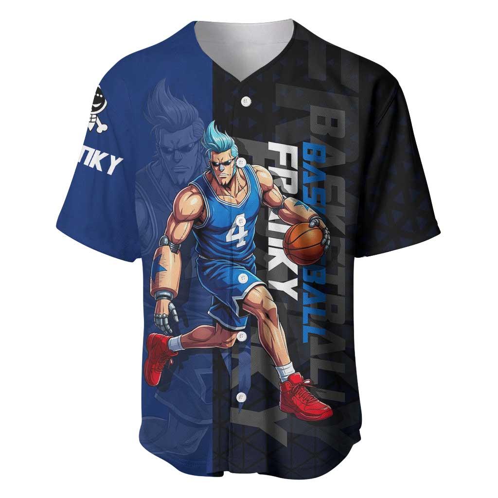 Franky One Piece Basketball Crossover Design Baseball Jersey with Blue Uniform and Mechanical Arm Action Pose - The Mazicc