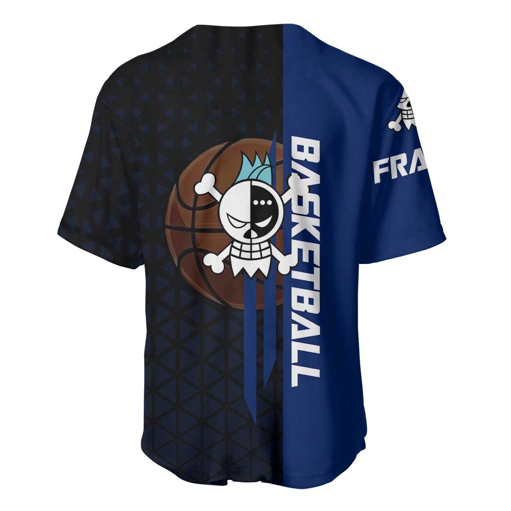 Franky One Piece Basketball Crossover Design Baseball Jersey with Blue Uniform and Mechanical Arm Action Pose - The Mazicc
