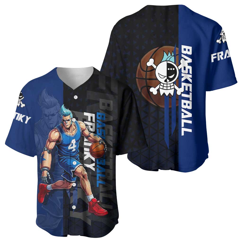 Franky One Piece Basketball Crossover Design Baseball Jersey with Blue Uniform and Mechanical Arm Action Pose - The Mazicc