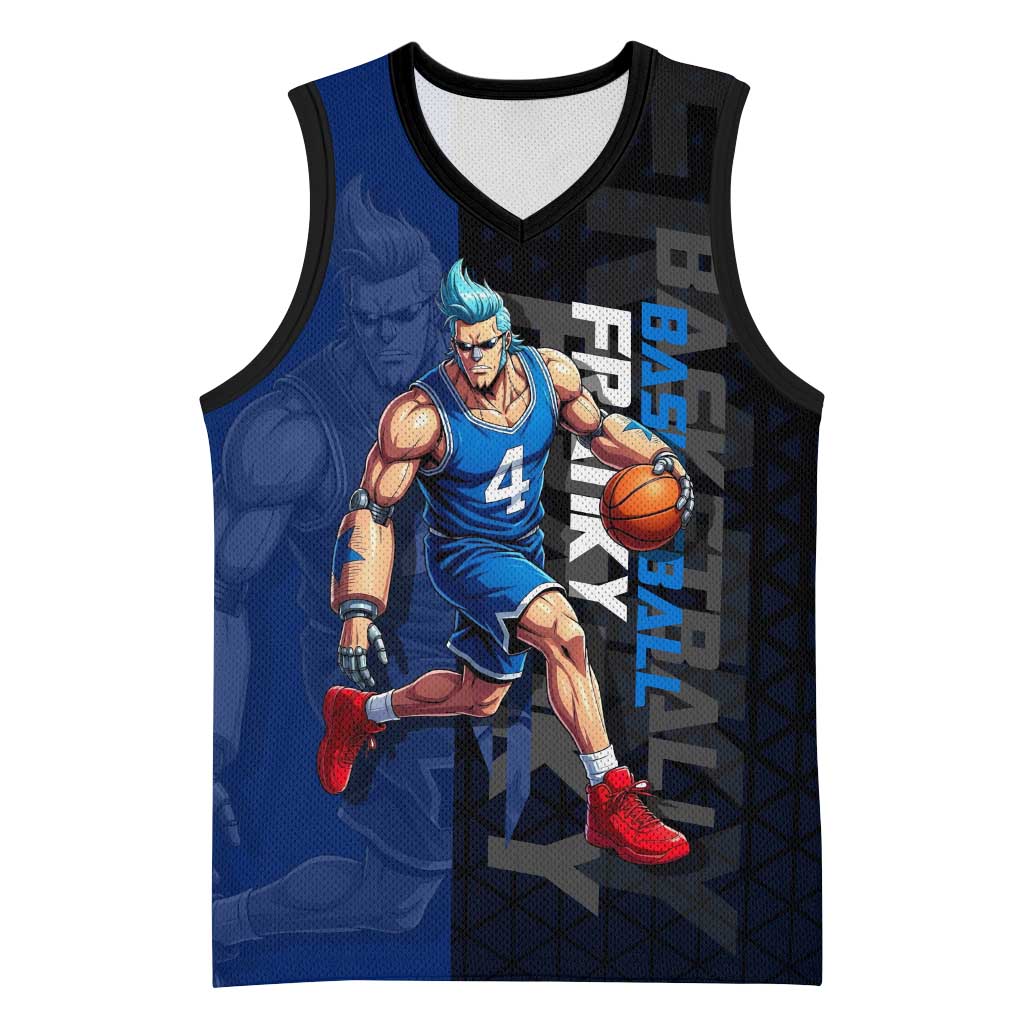 Franky One Piece Basketball Crossover Design Basketball Jersey with Blue Uniform and Mechanical Arm Action Pose - The Mazicc