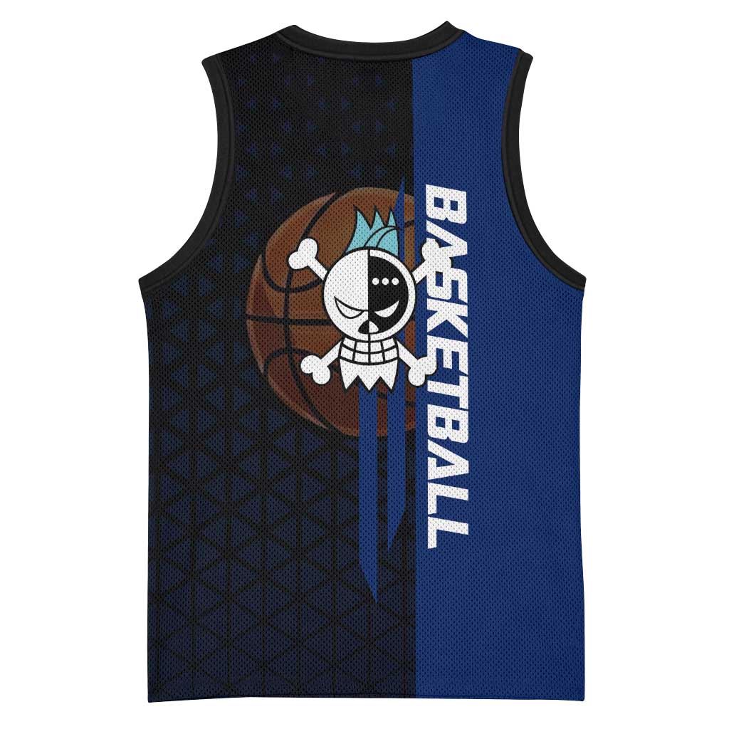 Franky One Piece Basketball Crossover Design Basketball Jersey with Blue Uniform and Mechanical Arm Action Pose - The Mazicc