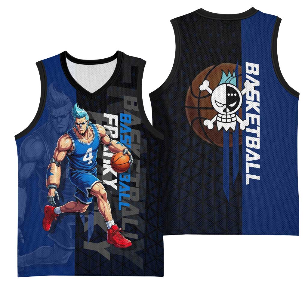 Franky One Piece Basketball Crossover Design Basketball Jersey with Blue Uniform and Mechanical Arm Action Pose - The Mazicc
