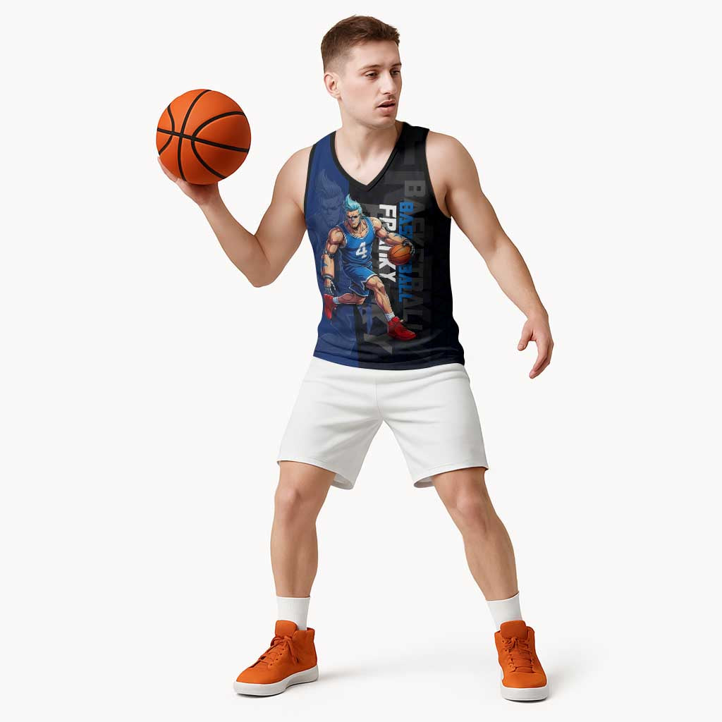 Franky One Piece Basketball Crossover Design Basketball Jersey with Blue Uniform and Mechanical Arm Action Pose - The Mazicc