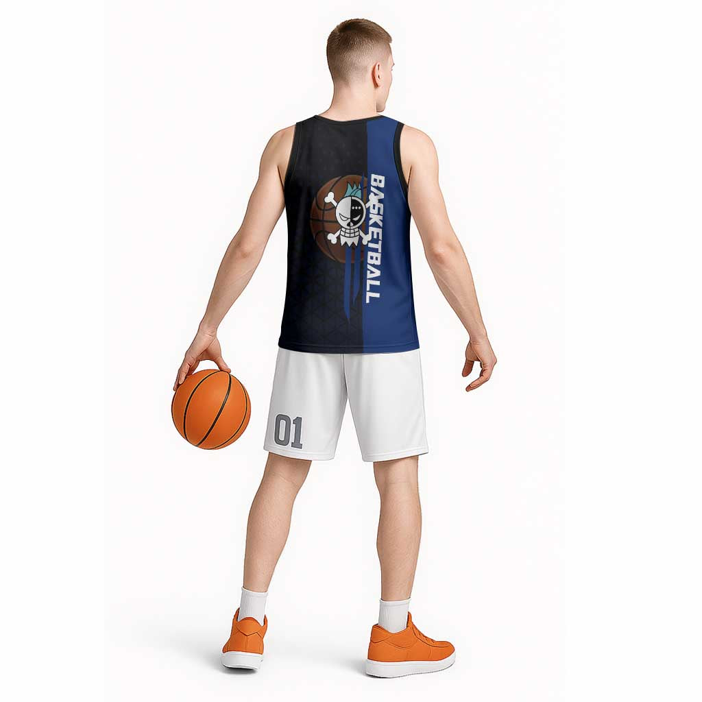 Franky One Piece Basketball Crossover Design Basketball Jersey with Blue Uniform and Mechanical Arm Action Pose - The Mazicc