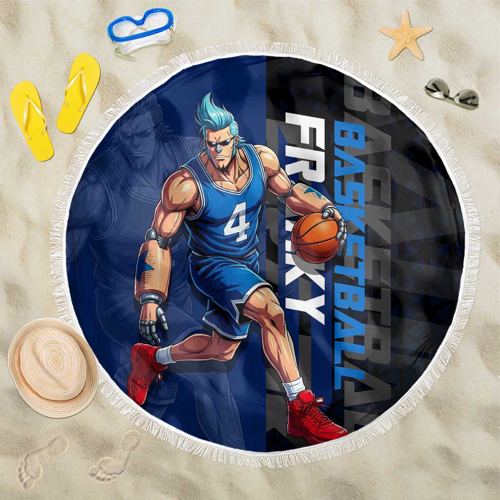 Franky One Piece Basketball Crossover Design Beach Blanket with Blue Uniform and Mechanical Arm Action Pose - The Mazicc