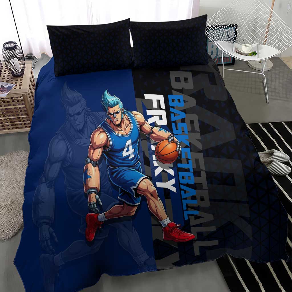 Franky One Piece Basketball Crossover Design Bedding Set with Blue Uniform and Mechanical Arm Action Pose - The Mazicc