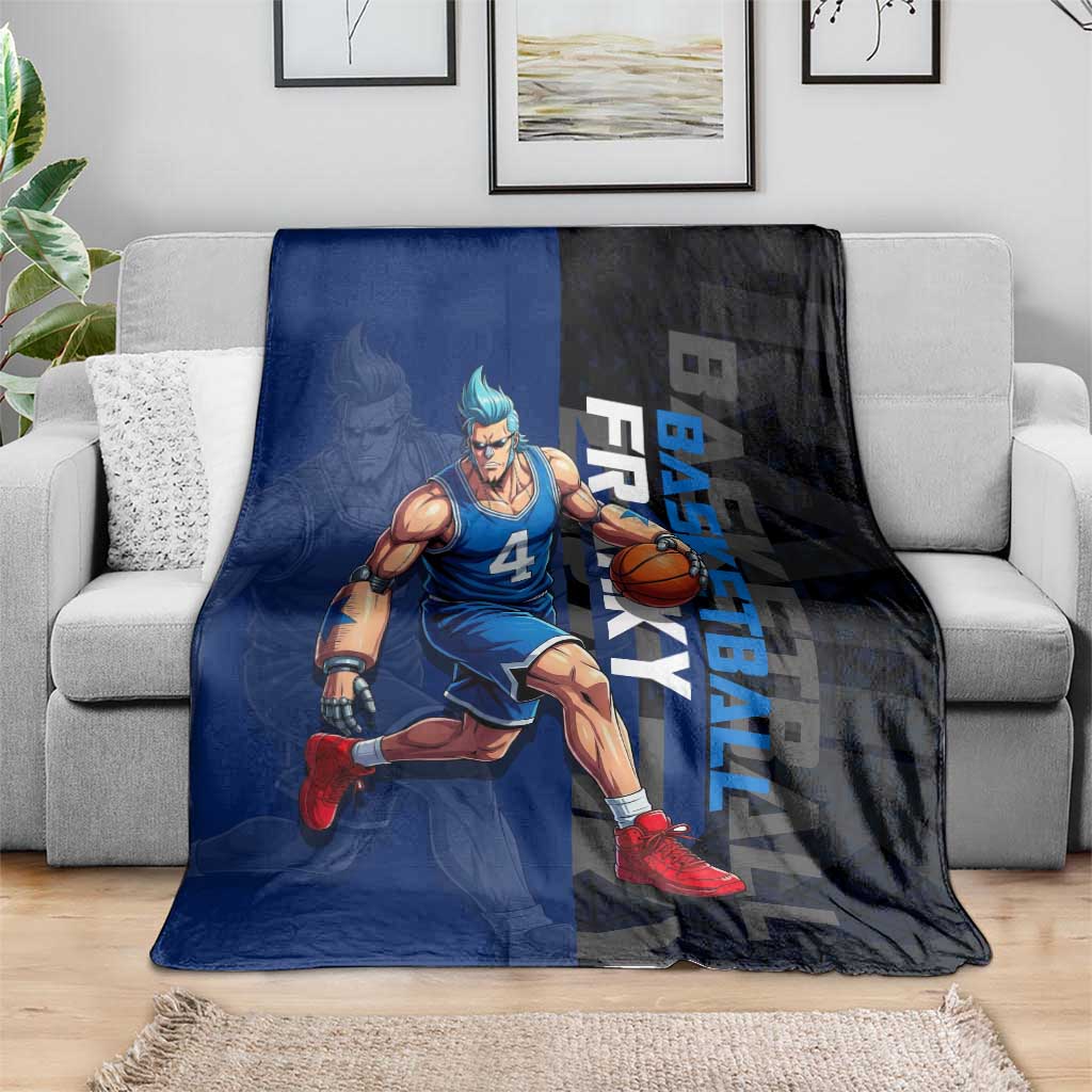 Franky One Piece Basketball Crossover Design Blanket with Blue Uniform and Mechanical Arm Action Pose - The Mazicc