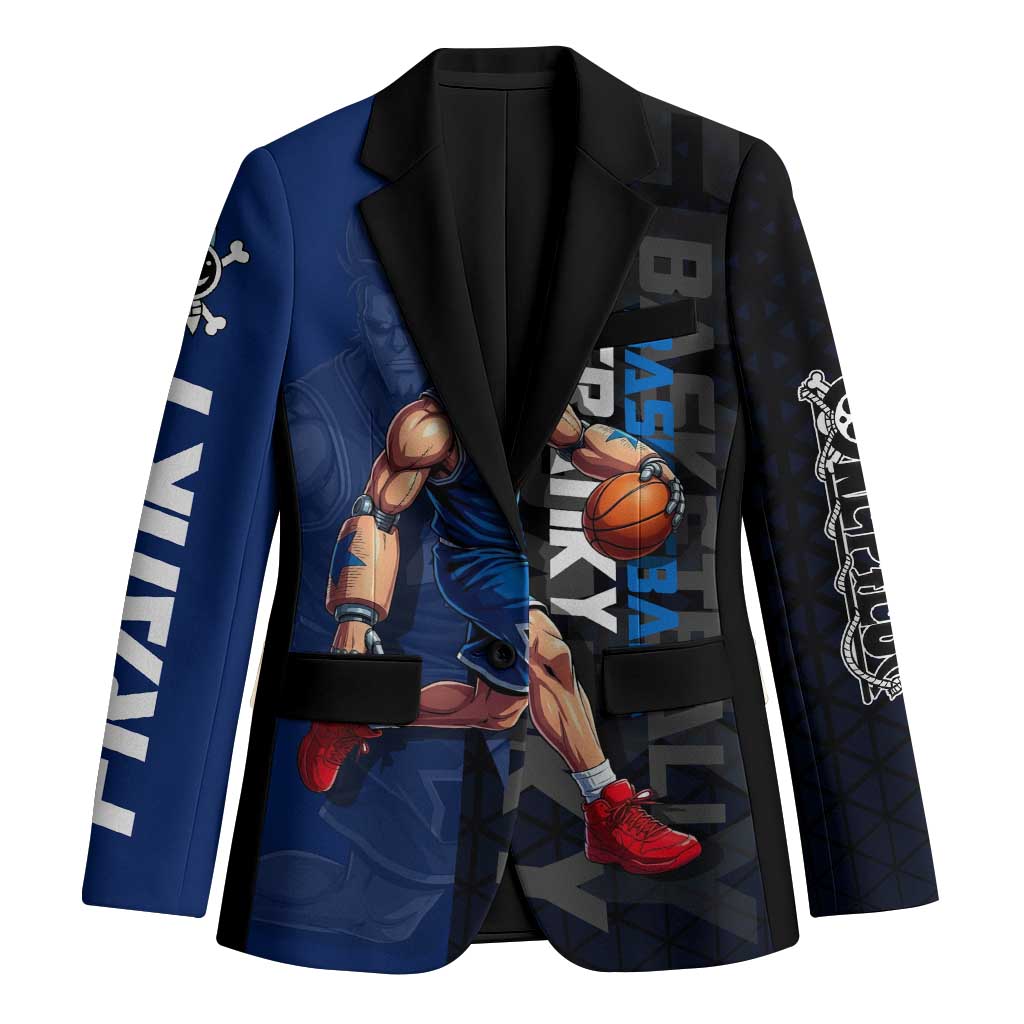Franky One Piece Basketball Crossover Design Blazer with Blue Uniform and Mechanical Arm Action Pose - The Mazicc